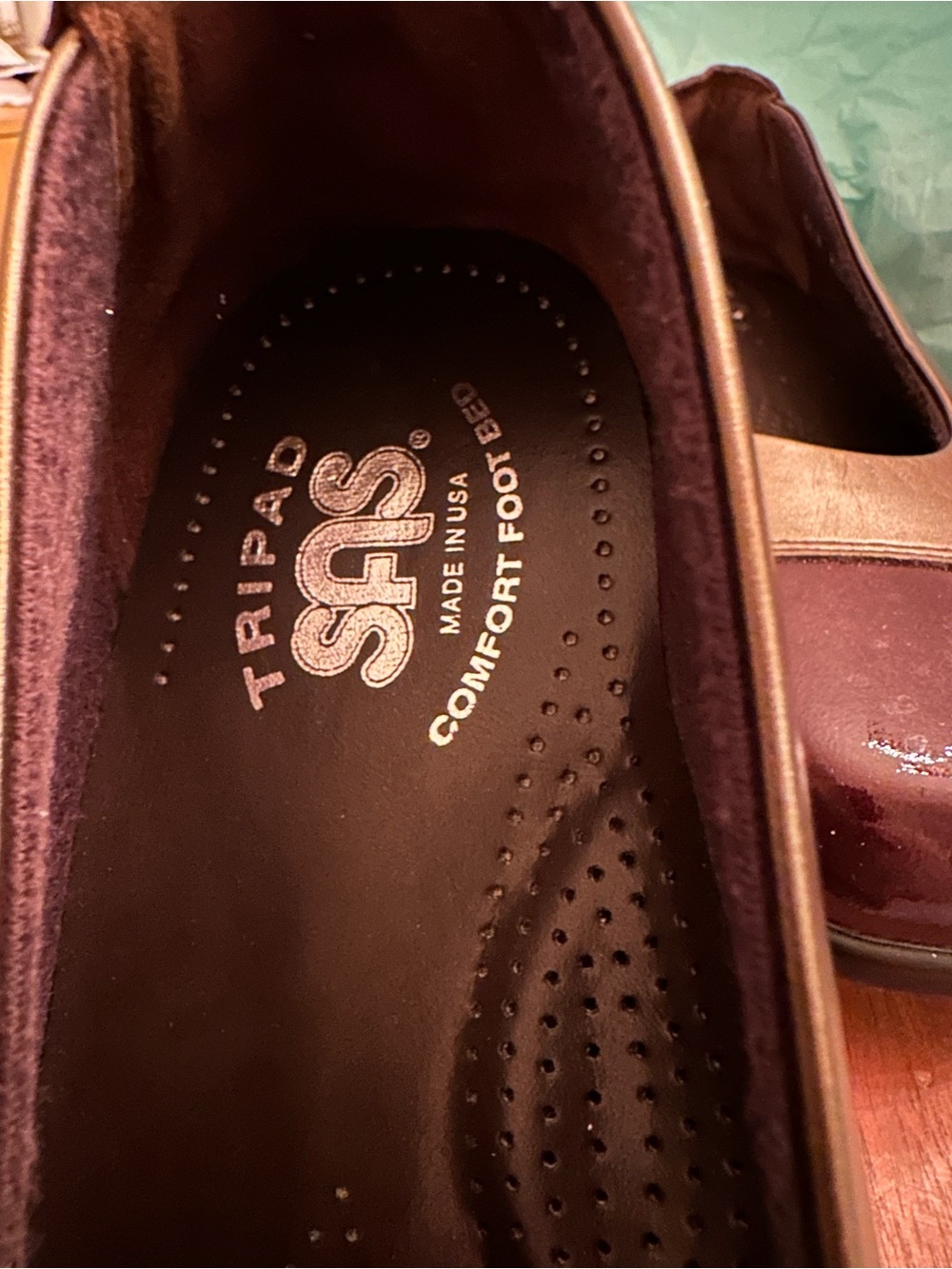 SAS Women's Slip-On Loafer in Brown Patent with Gold Trim